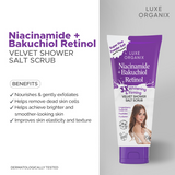 Luxe Organix Niacinamide + Bakuchiol Retinol Velvet Shower Salt Scrub 320g