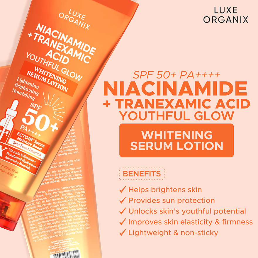 Luxe Organix Niacinamide + Tranexamic Acid Youthful Glow Whitening Serum Lotion SPF 50 PA++++ 200ml