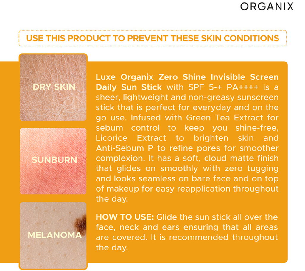 Luxe Organix Zero Shine Invisible Screen Daily Sun Stick SPF100 17g