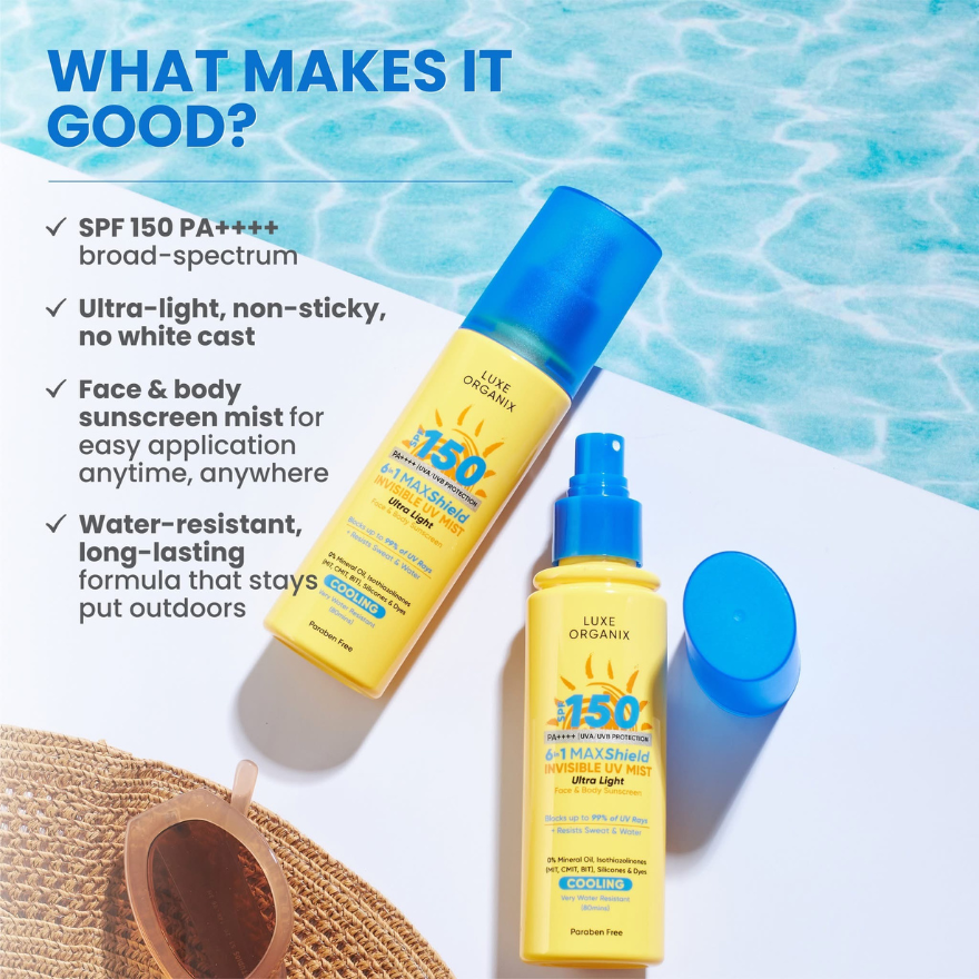 Luxe Organix 6-in-1 Maxshield Invisible UV Mist Face & Body Sunscreen SPF150