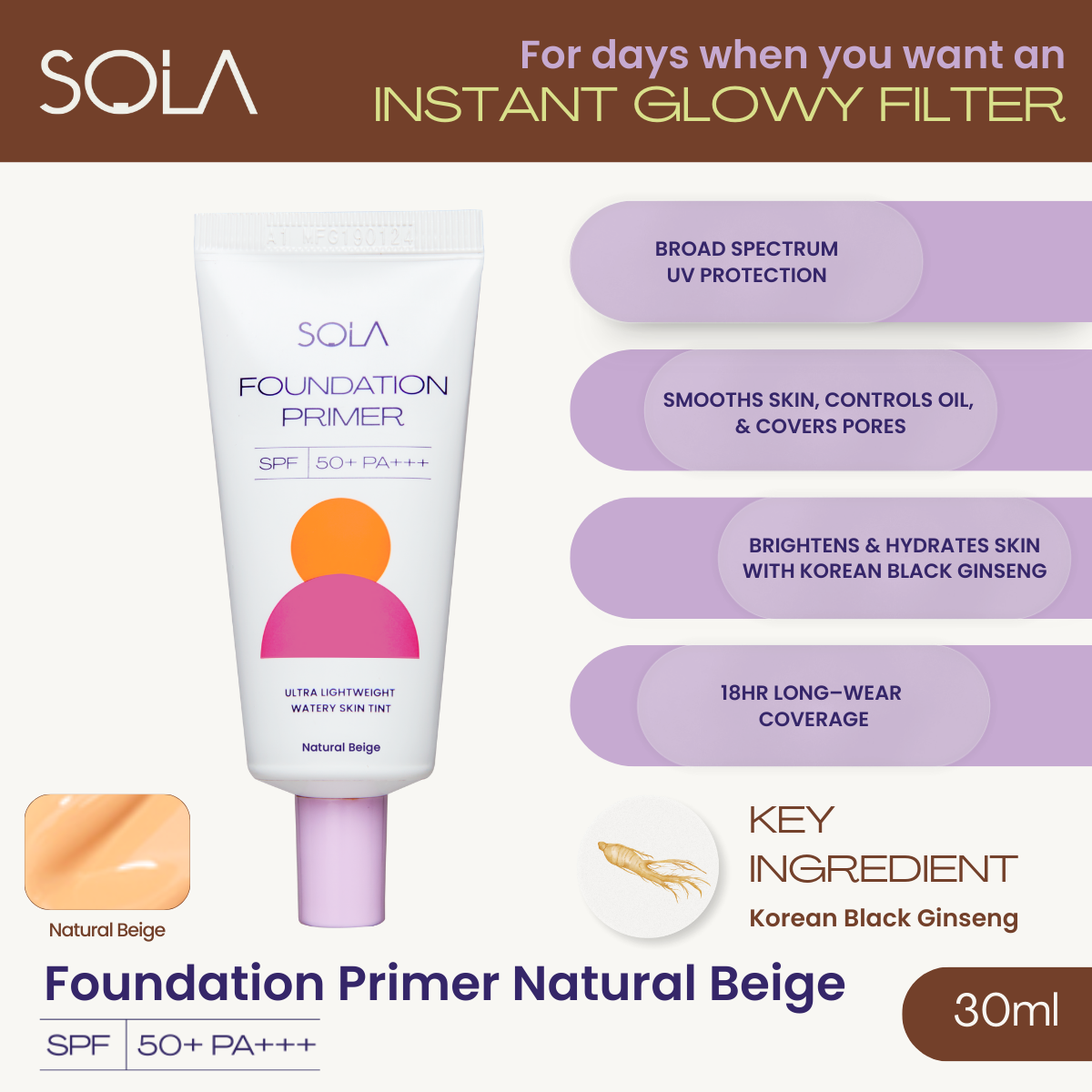 Sola Beauty Foundation Primer SPF50PA+++ 30ml (Tinted Sunscreen)
