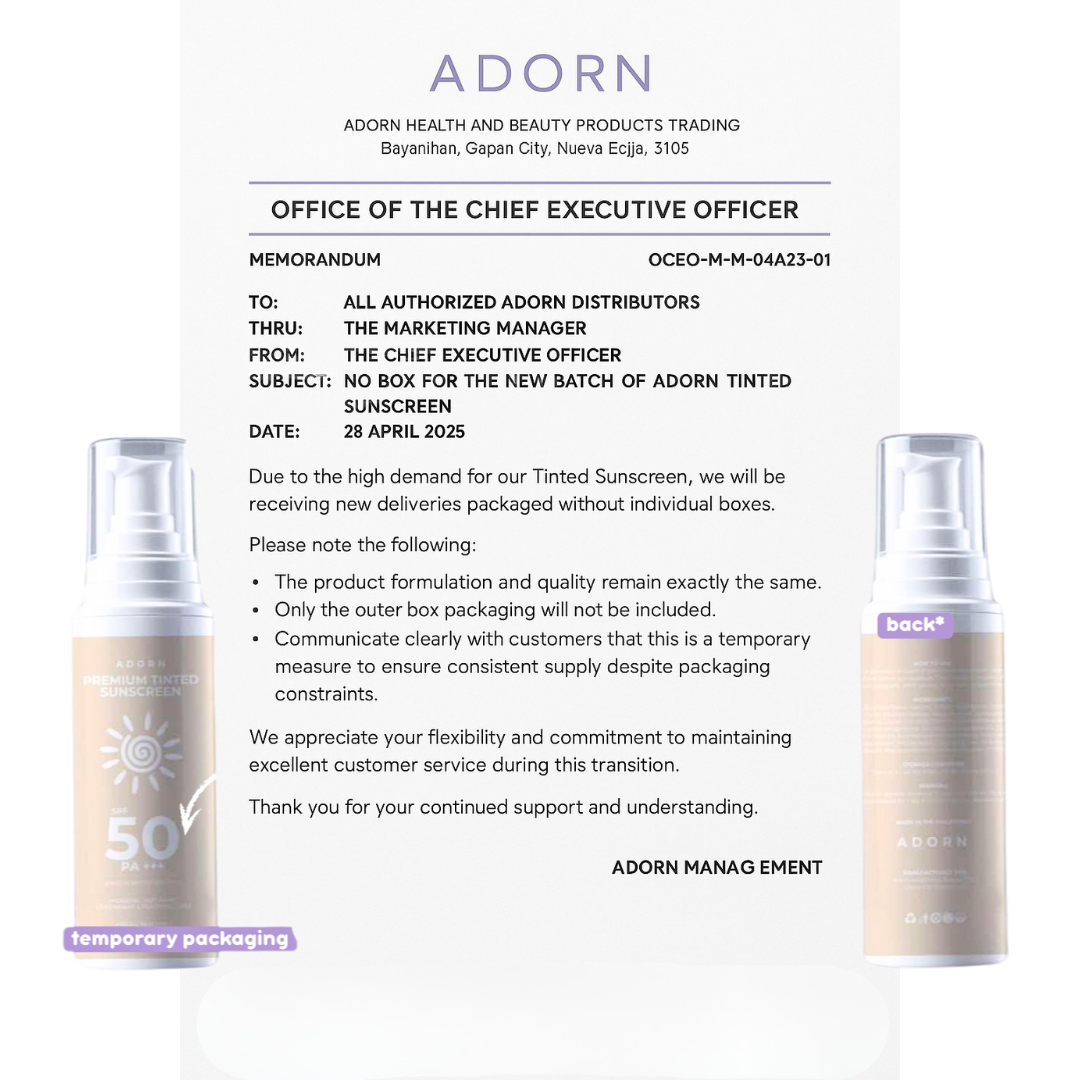 ADORN Premium Tinted Sunscreen SPF50 PA+++ (Temporary Packaging)