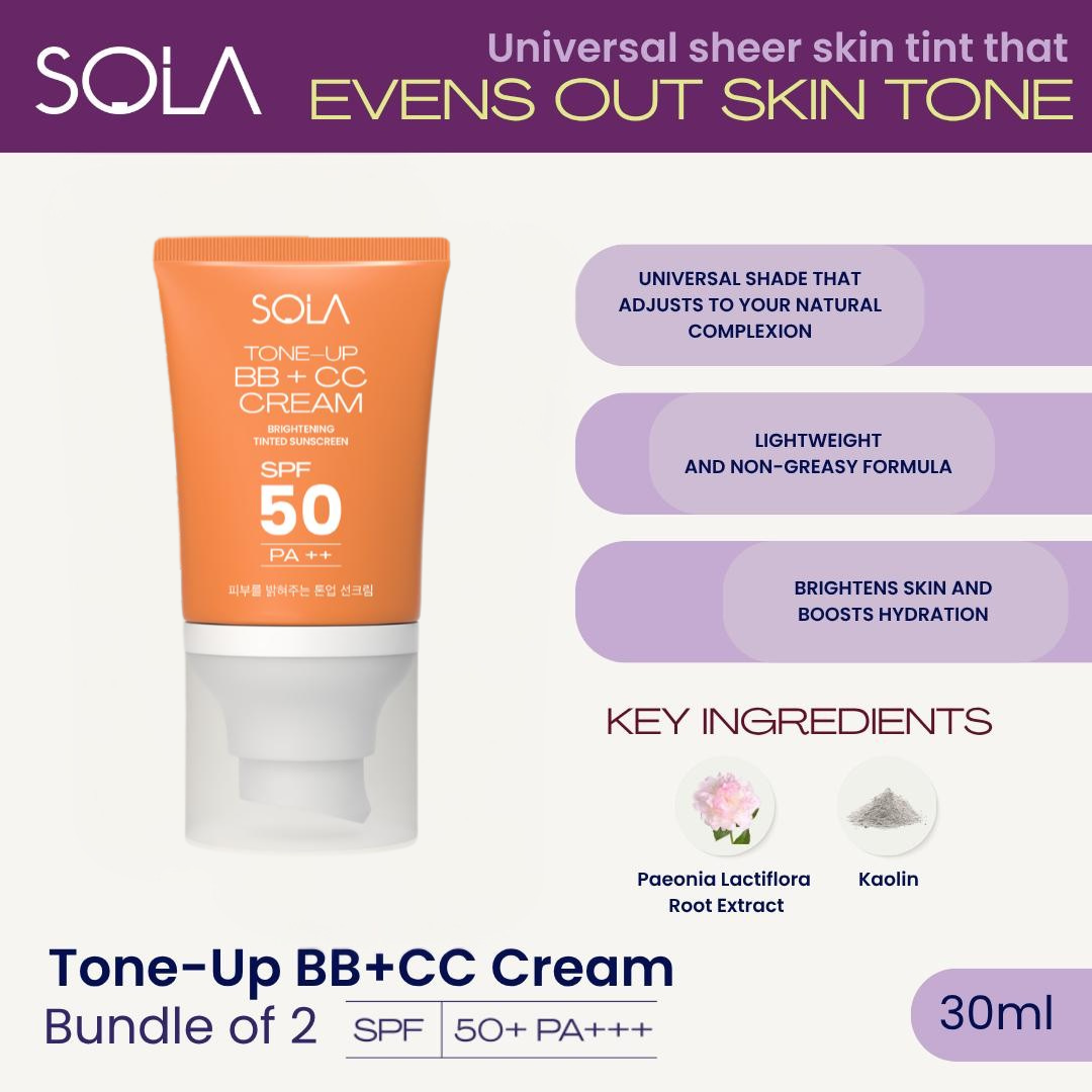 Sola Tone-Up BB+CC Cream Brightening Tinted Sunscreen SPF50 PA++
