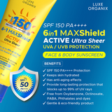 Luxe Organix 6 in 1 Maxshield Active Ultra Sheer Face and Body Sunscreen 100ml