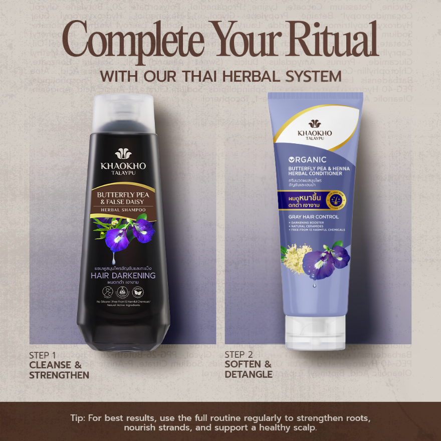 Khaoko Talaypu Butterfly Pea and Henna Herbal Shampoo / Conditioner [Premature Grey Hair, Color Shampoo]