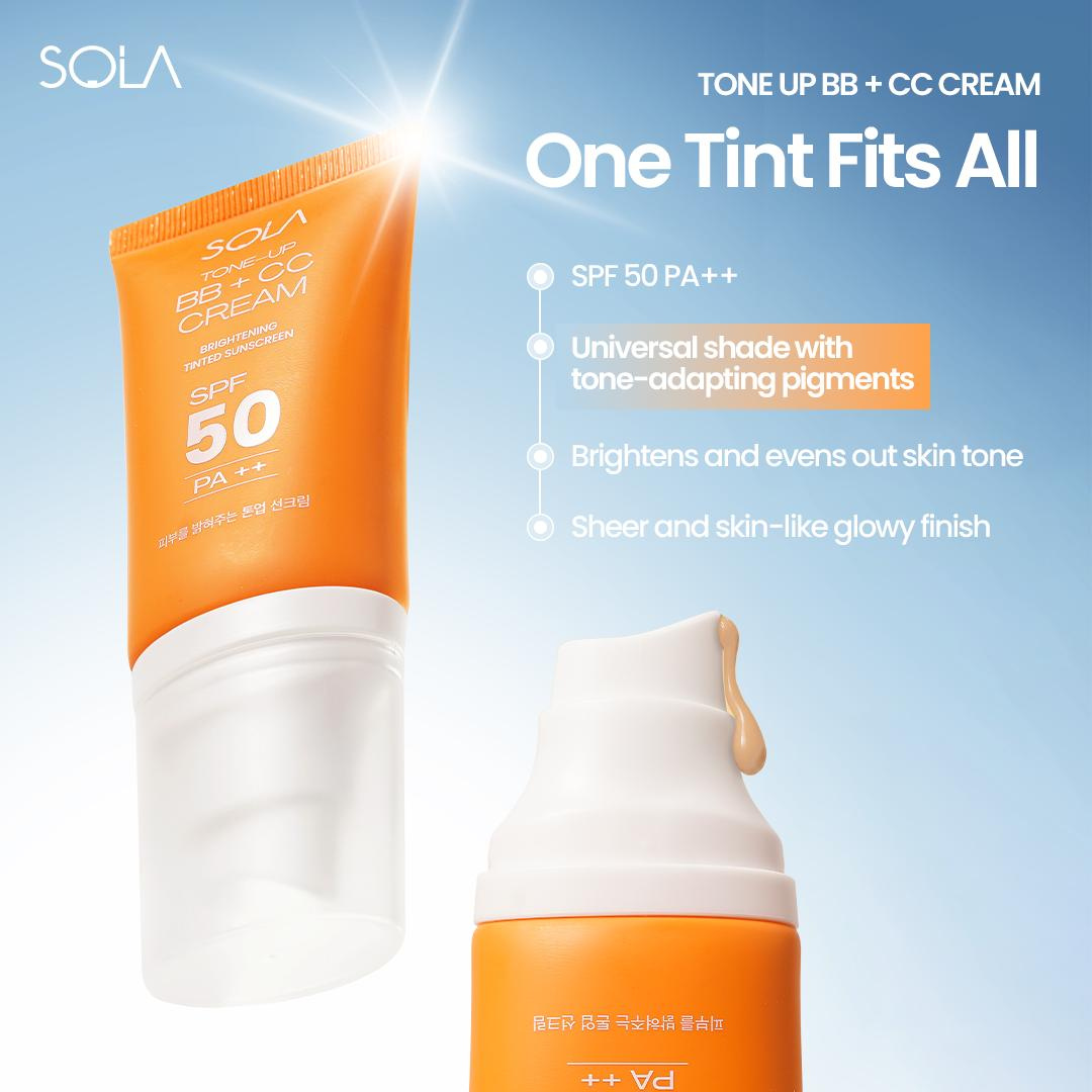 Sola Tone-Up BB+CC Cream Brightening Tinted Sunscreen SPF50 PA++