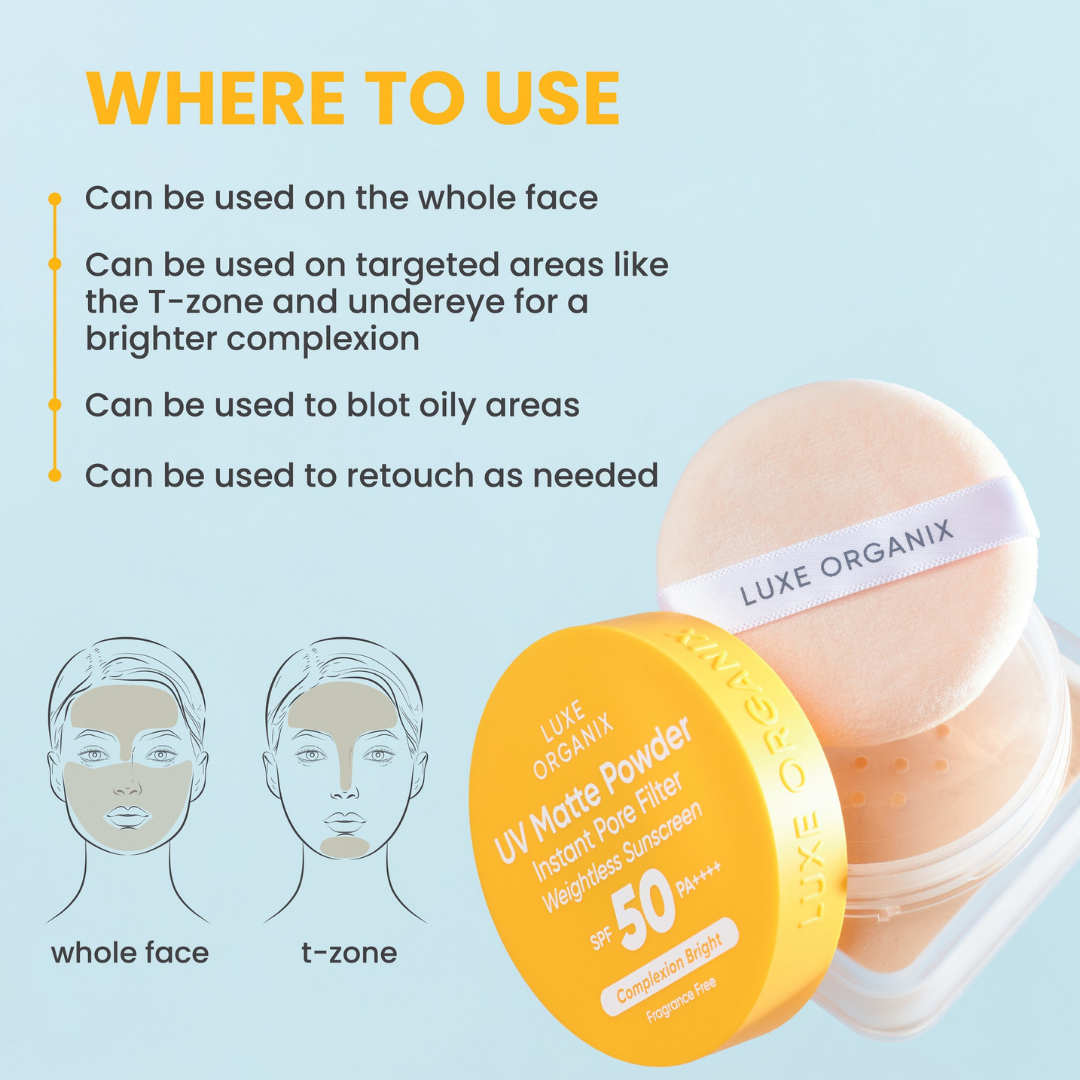 Luxe Organix UV Matte Powder Instant Pore Filter Weightless Sunscreen SPF50 PA++++ Complexion Bright