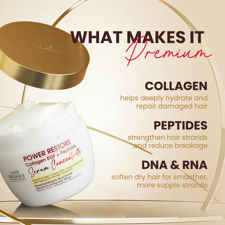 Luxe Organix Power RESTORE Collagen EGF + Peptides Serum Concentrate Reconstructing Hair Mask