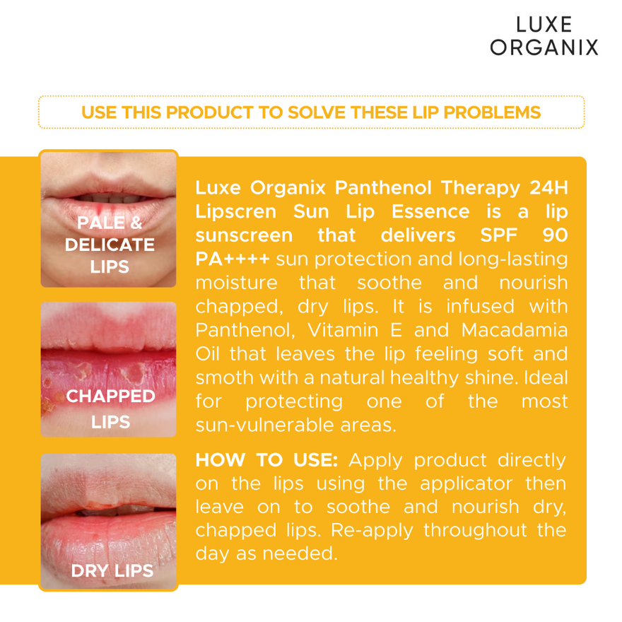Luxe Organix Panthenol Therapy 24H Lipscreen Sun Lip Essence SPF 90+ PA++++ 10g