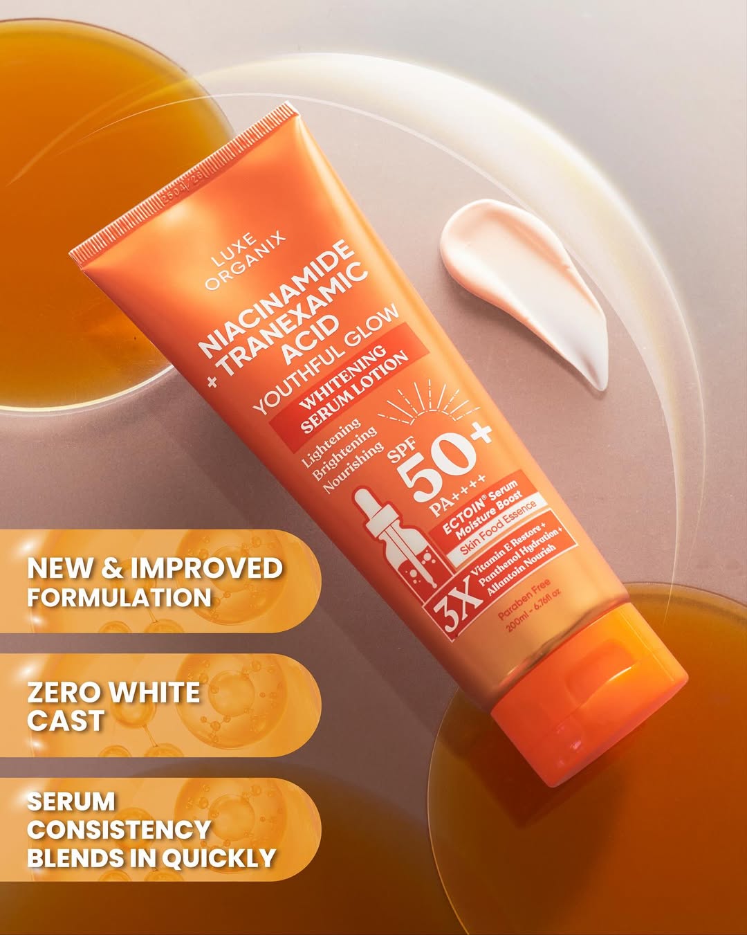 Luxe Organix Niacinamide + Tranexamic Acid Youthful Glow Whitening Serum Lotion SPF 50 PA++++ 200ml