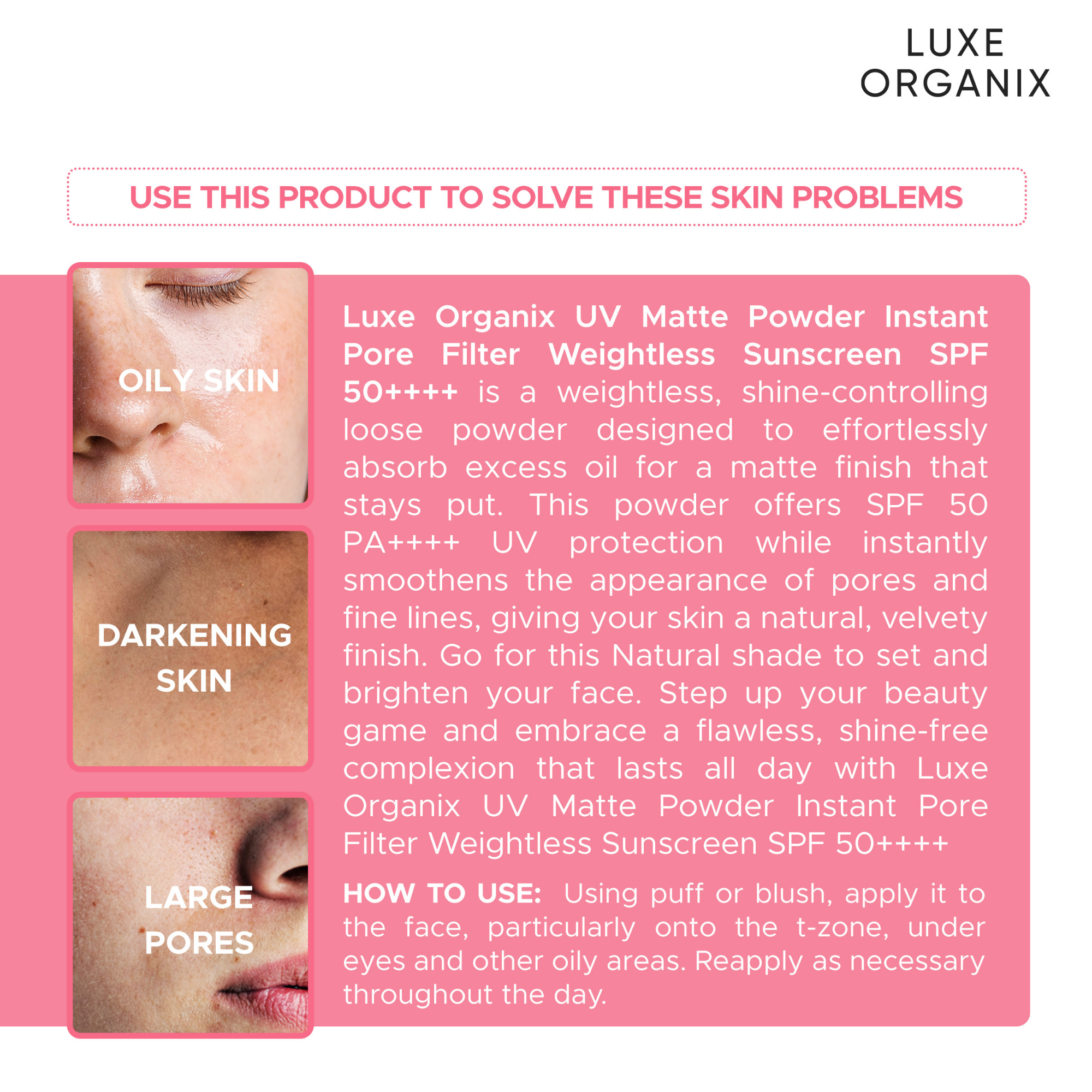 Luxe Organix 24H Zero Sebum Instant Pore Blurring Matte Powder SPF 50 Natural 15g