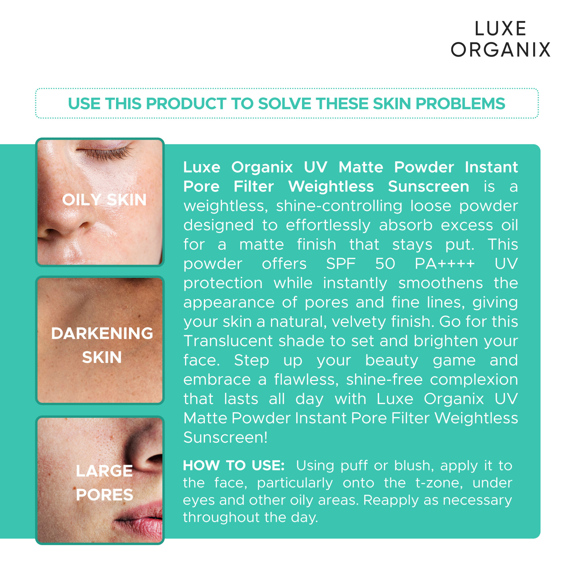 Luxe Organix 24H Zero Sebum Instant Pore Blurring Matte Powder SPF 50 Translucent 15g